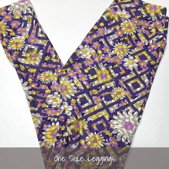 LuLaRoe OS Leggings Daisies Purple Yellow Lattice NEW - Picture 1 of 1